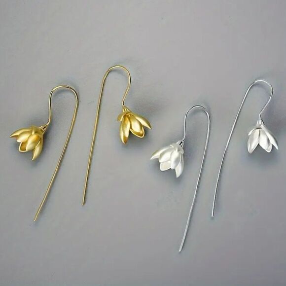 Retro Style Magnolia Earrings Gold or Silver Plated Fashion Jewelry - Picture 3 of 5